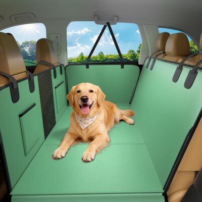 JKLESA Dog Car Seat Cover for Back Seat, 52"x65" Waterproof Hard-Bottom Hammock with Side Flaps, Heavy-Duty 450lbs, Non-Slip & Scratch-Proof PU Leather Protector for SUV, Truck & Sedan Green
